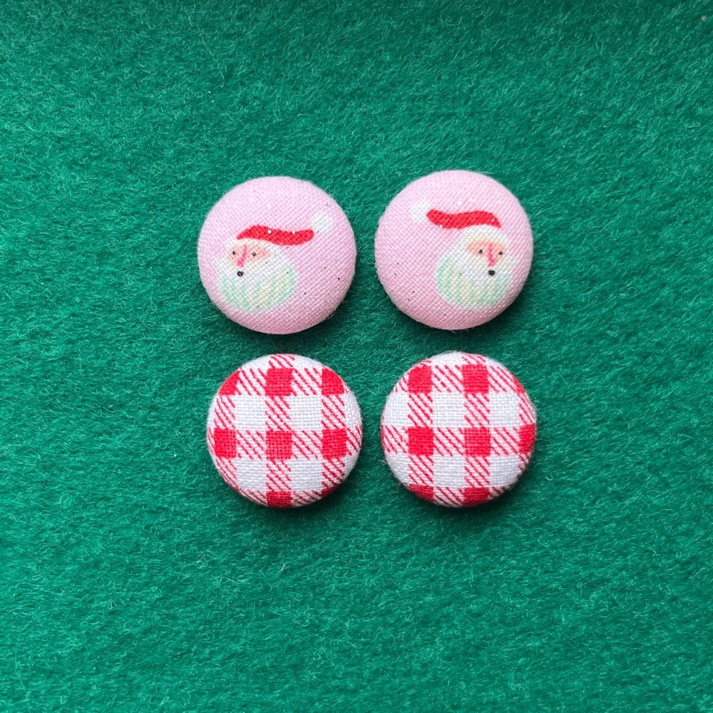 Retro Pink Christmas Fabric Button Stud Earrings, Santa Stud Earrings